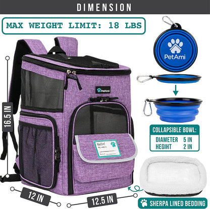 Dog Backpack Carrier, Airline Approved Cat Backpacks for Carrying Small Large Cats, Pet Carrier Back Pack, Ventilated Soft Sided for Travel, Hiking, Camping, Max 18 Lbs, Purple